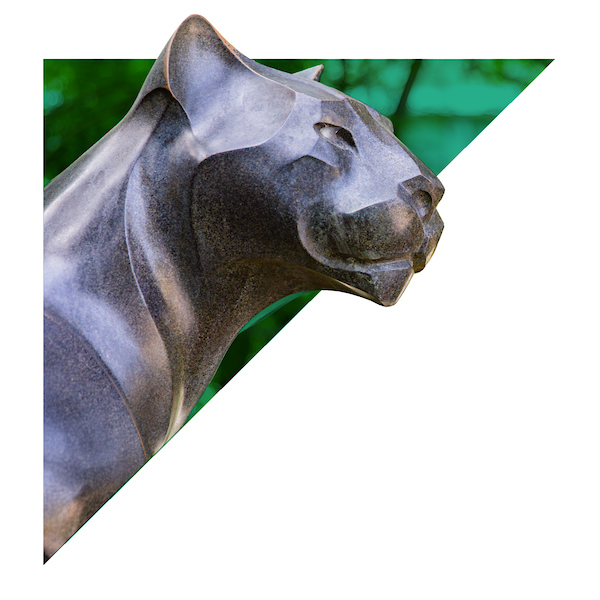 Panther statue looks to the right. It mostly sits inside of a green triangle; its nose and ear stick out behind the triangle.