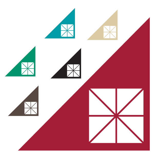 Five small triangle of various colors with a window inside; one large red triangle with a window inside.
