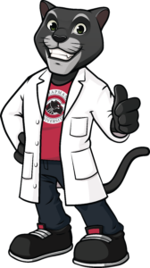 Pete the Panther wearing a lab coat thumbs up